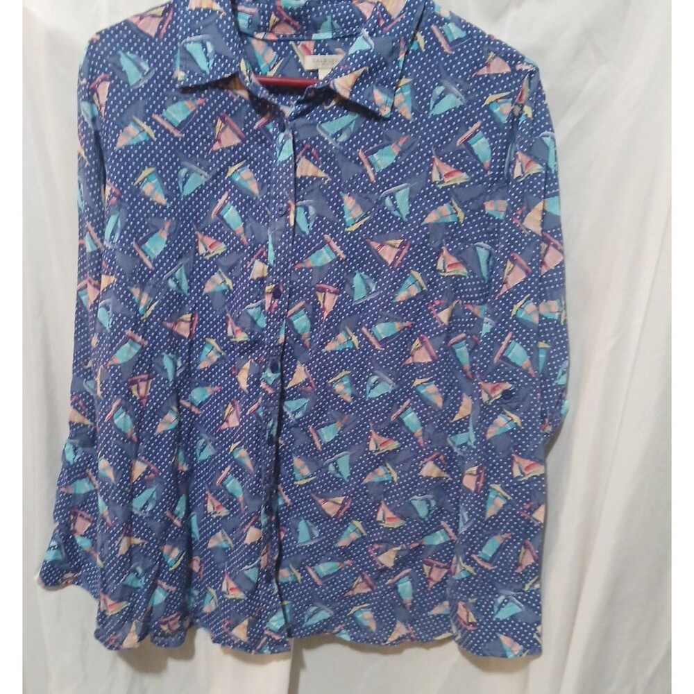 Talbots Top Womens Sz 1x Blue Sailboat Nautical Button Career Casual Roll Tab